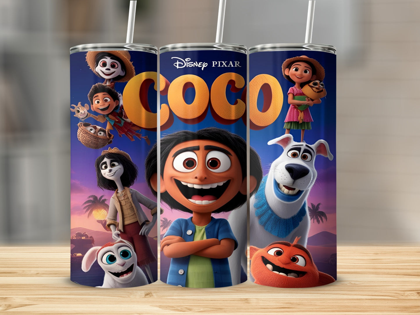 Coco movie characters Miguel, Hector, and Dante on a tumbler.