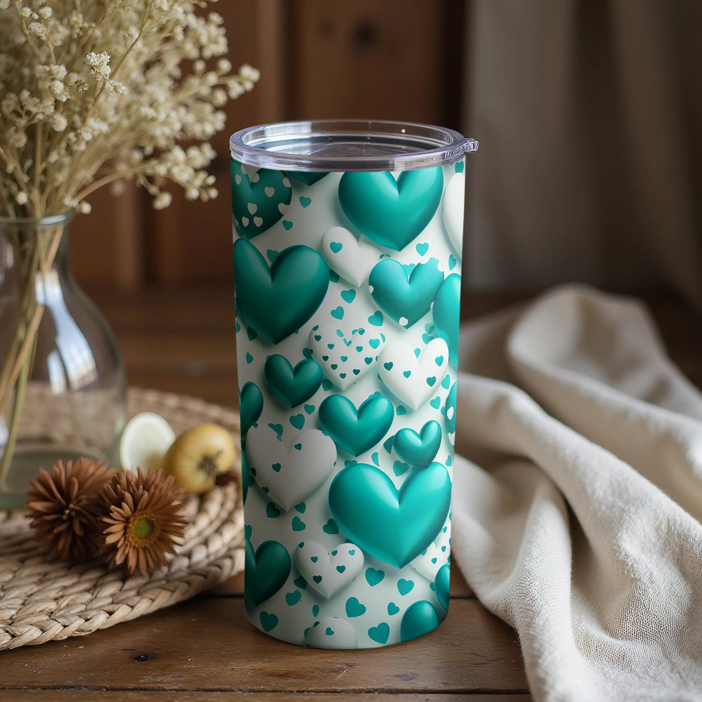 Teal and White Hearts Pattern Insulated Tumbler