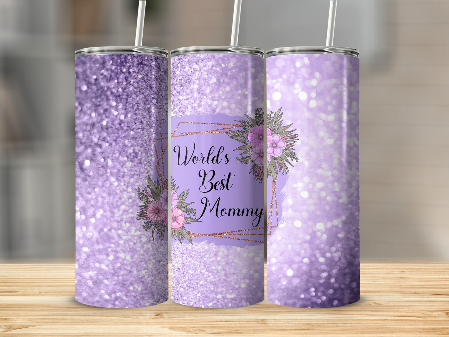 World's Best Mommy Purple Sparkle Floral Tumbler