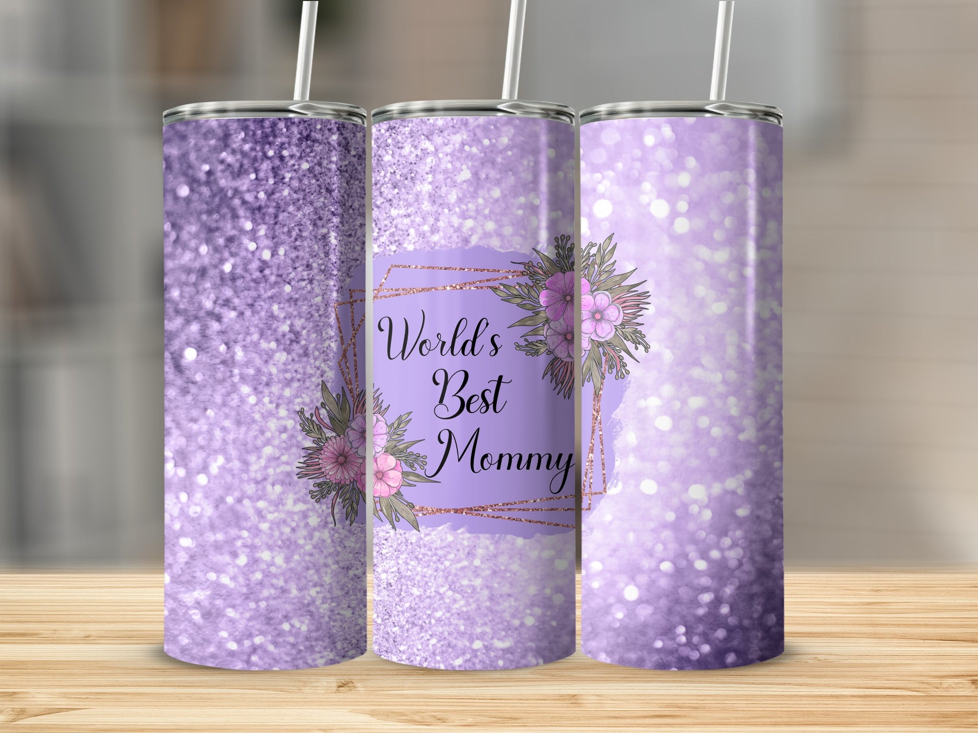 World's Best Mommy Purple Sparkle Floral Tumbler