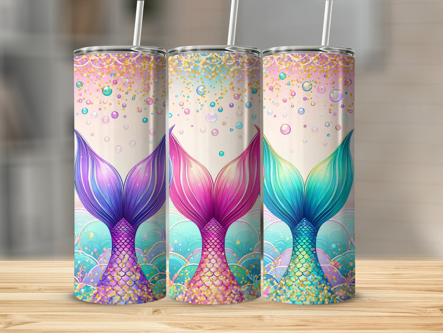 Colorful Mermaid Tail Design Tumblers with Straws