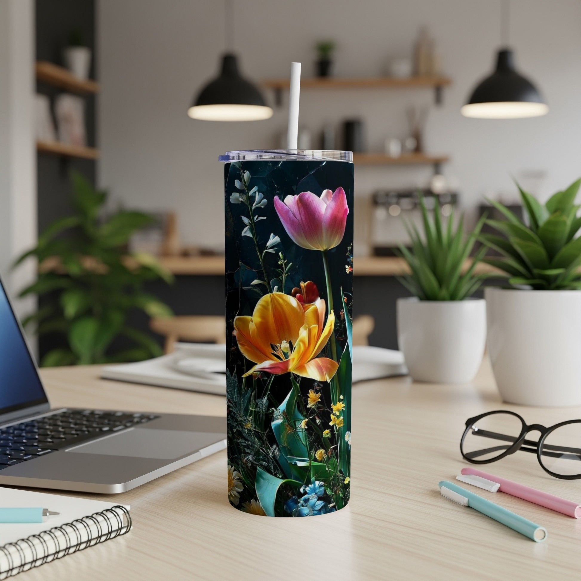 Tall tumbler featuring bright yellow and pink tulips with dark foliage.