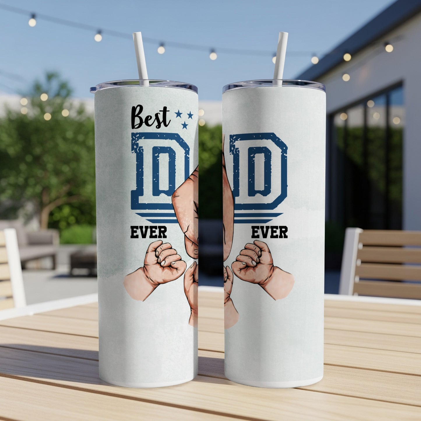 White and blue tumblers with "Best DAD EVER" text and baby fist graphics.