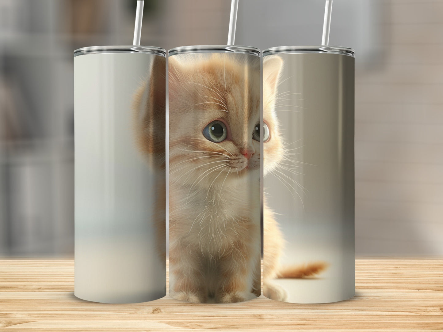 Fluffy orange kitten with blue eyes on a white background.