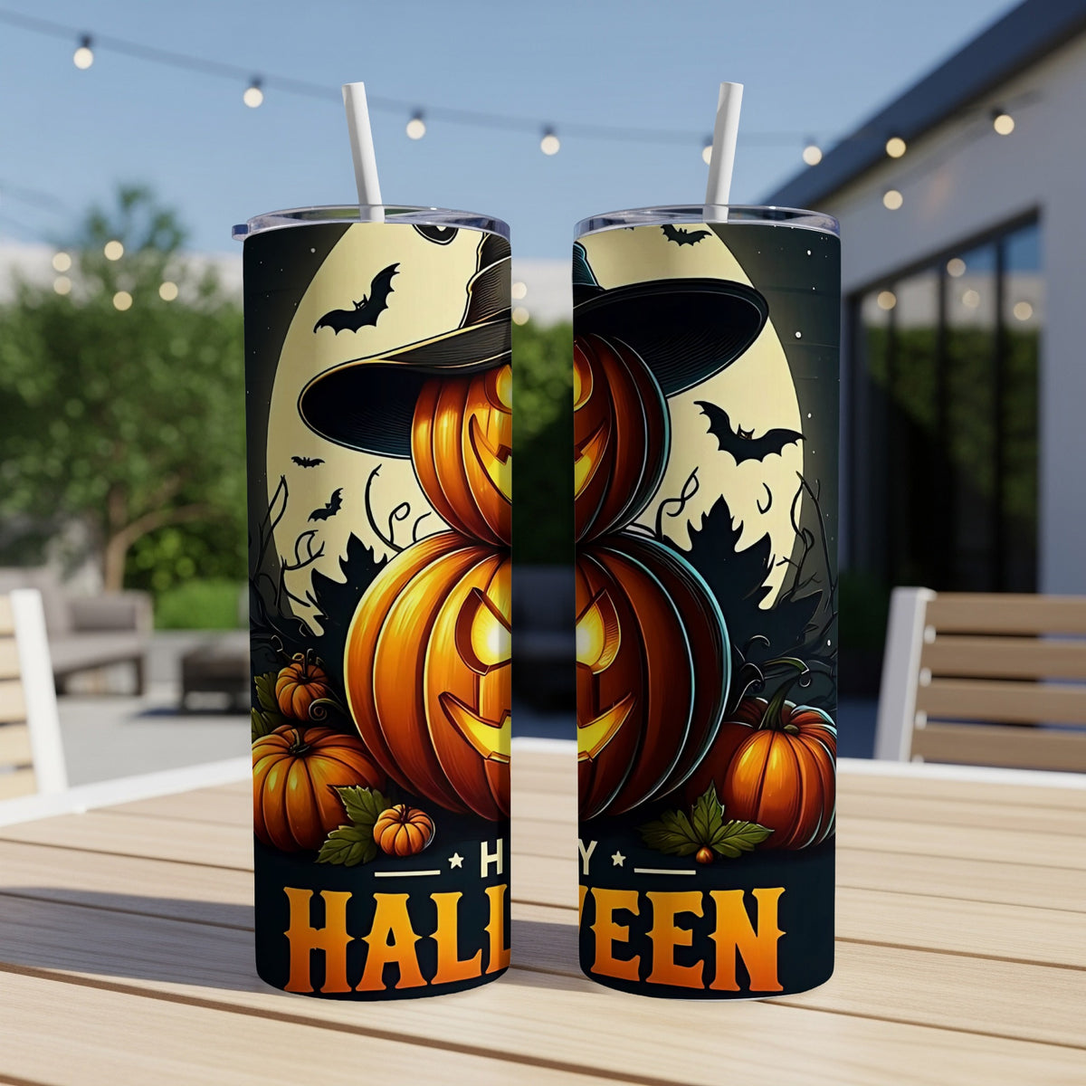Halloween tumbler with stacked jack-o'-lanterns, witch hat, bats, and text.