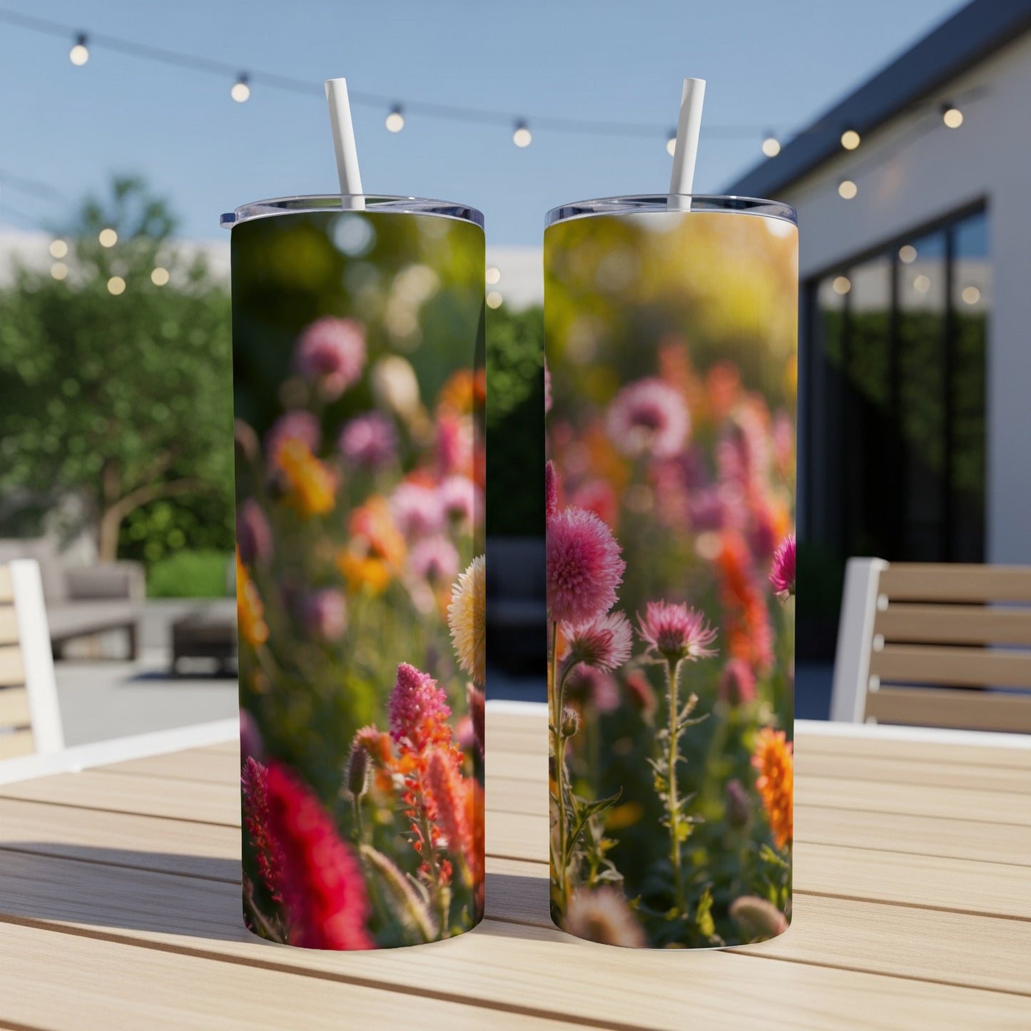 Two tumblers with a blurry background of colorful wildflowers and foliage.
