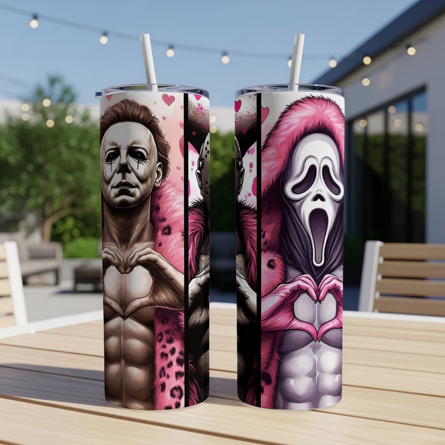 Two tumblers featuring Michael Myers and Ghostface making heart shapes with their hands.
