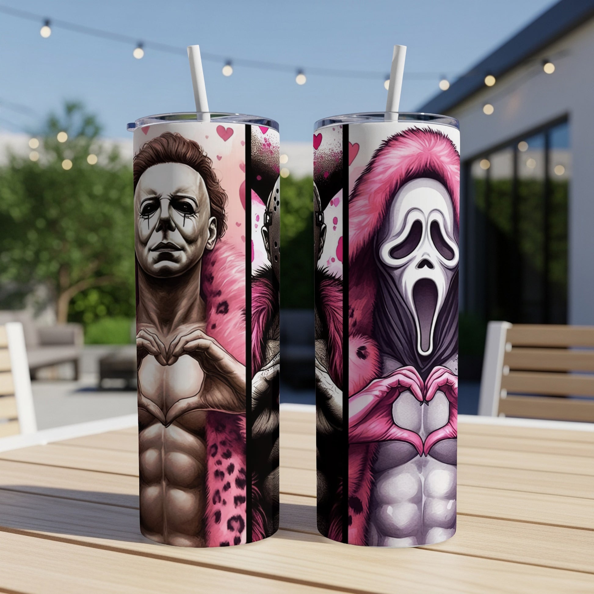 Two tumblers featuring Michael Myers and Ghostface making heart shapes with their hands.