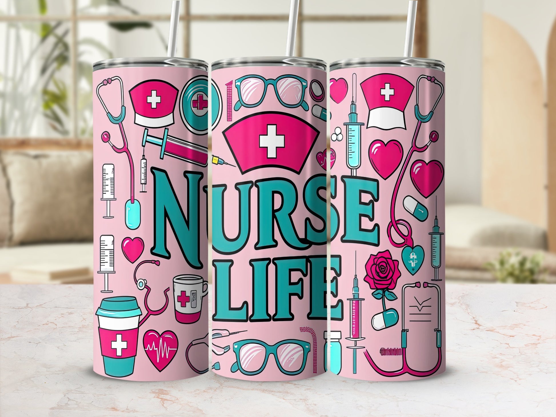 Pink tumbler with "Nurse Life" text and medical illustrations.