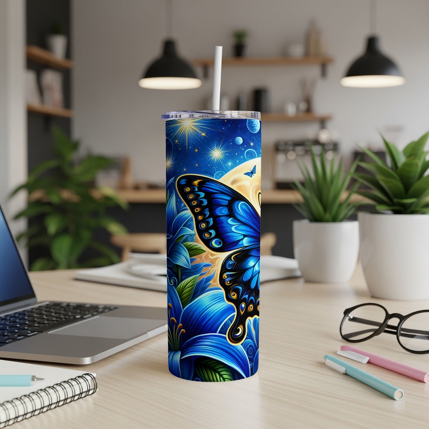 Blue butterfly and lilies on a starry night tumbler with straw.