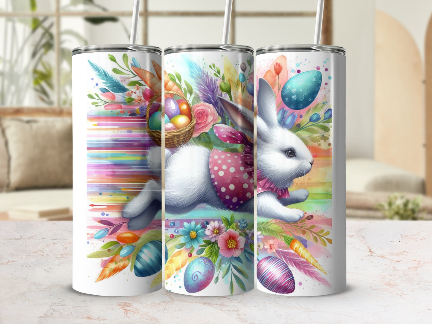 Easter bunny with basket of eggs and colorful feathers on a tumbler.