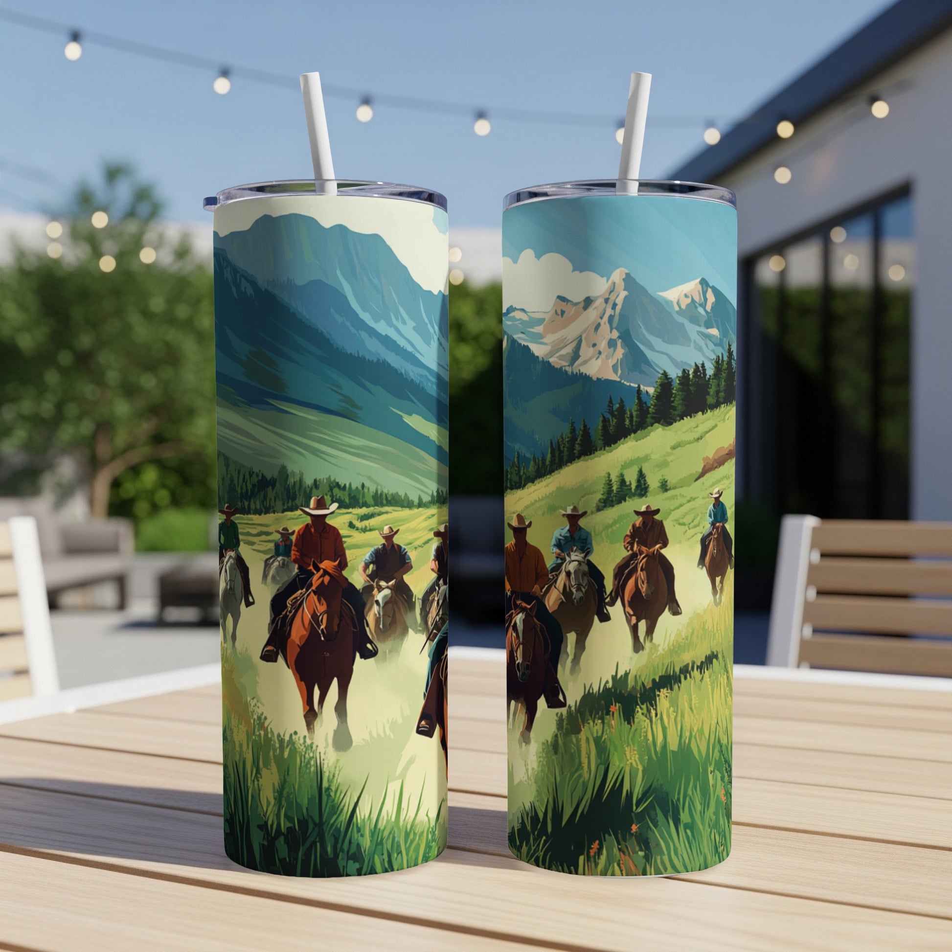 Cowboys on horseback ride through a mountainous landscape with green hills and trees.