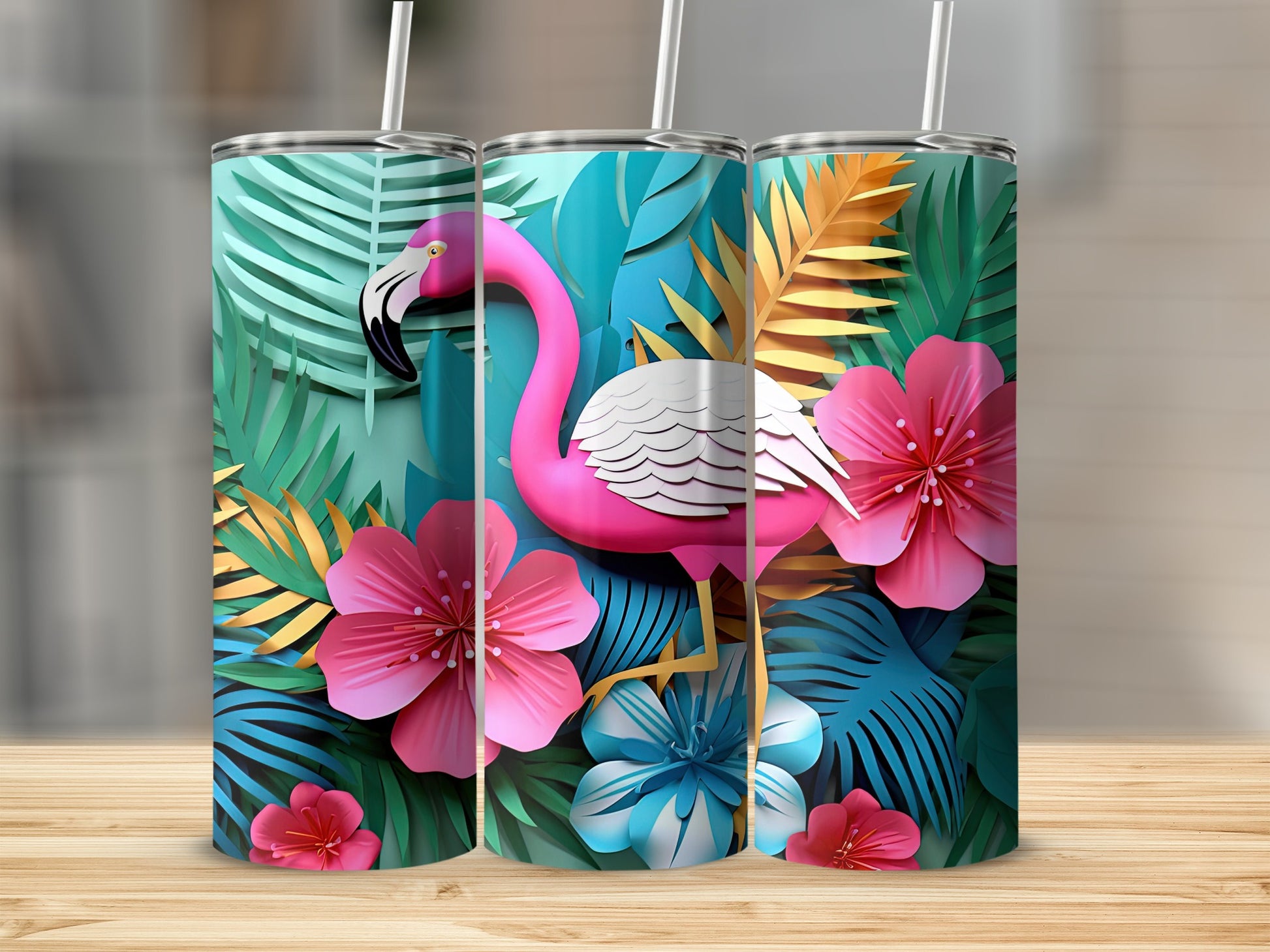 Tropical Flamingo and Flowers Design Tumbler