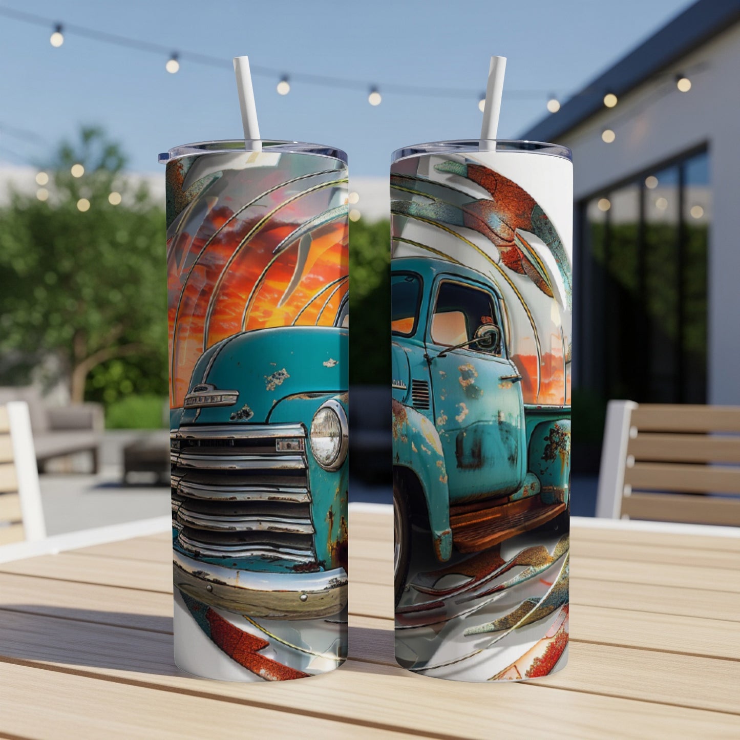 Distressed teal vintage pickup truck with chrome grille and sunset backdrop.