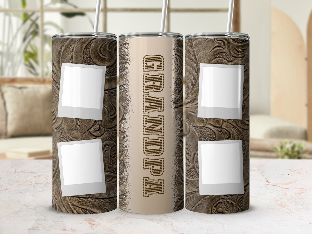 Three tumblers with textured brown design and "GRANDPA" text.