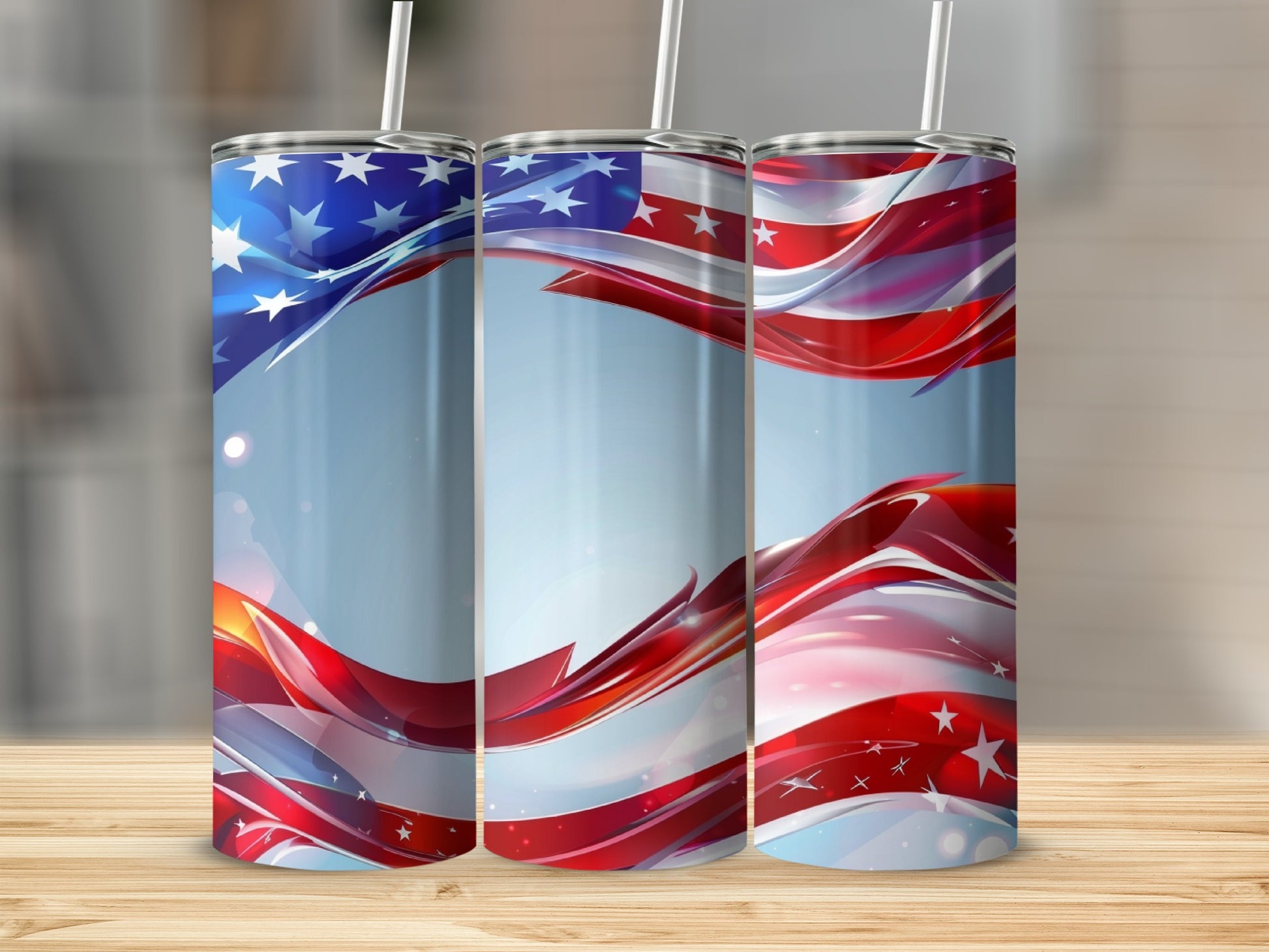 Three tumblers with an American flag wave design.