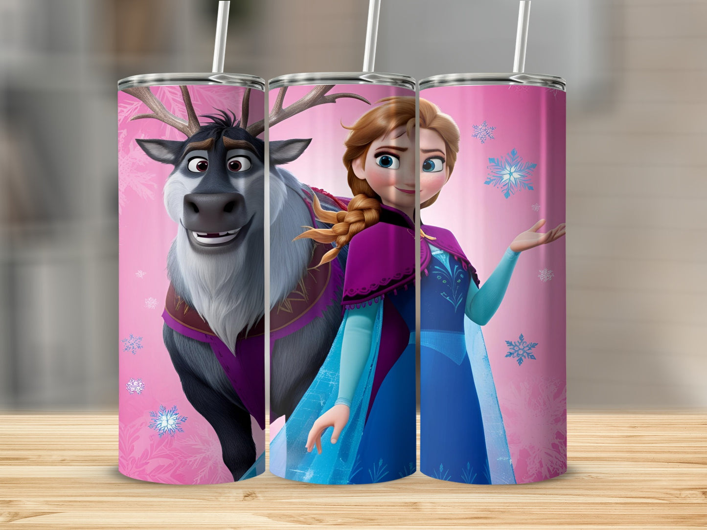 Elsa and Kristoff from Frozen with Sven, on a pink background with snowflakes.