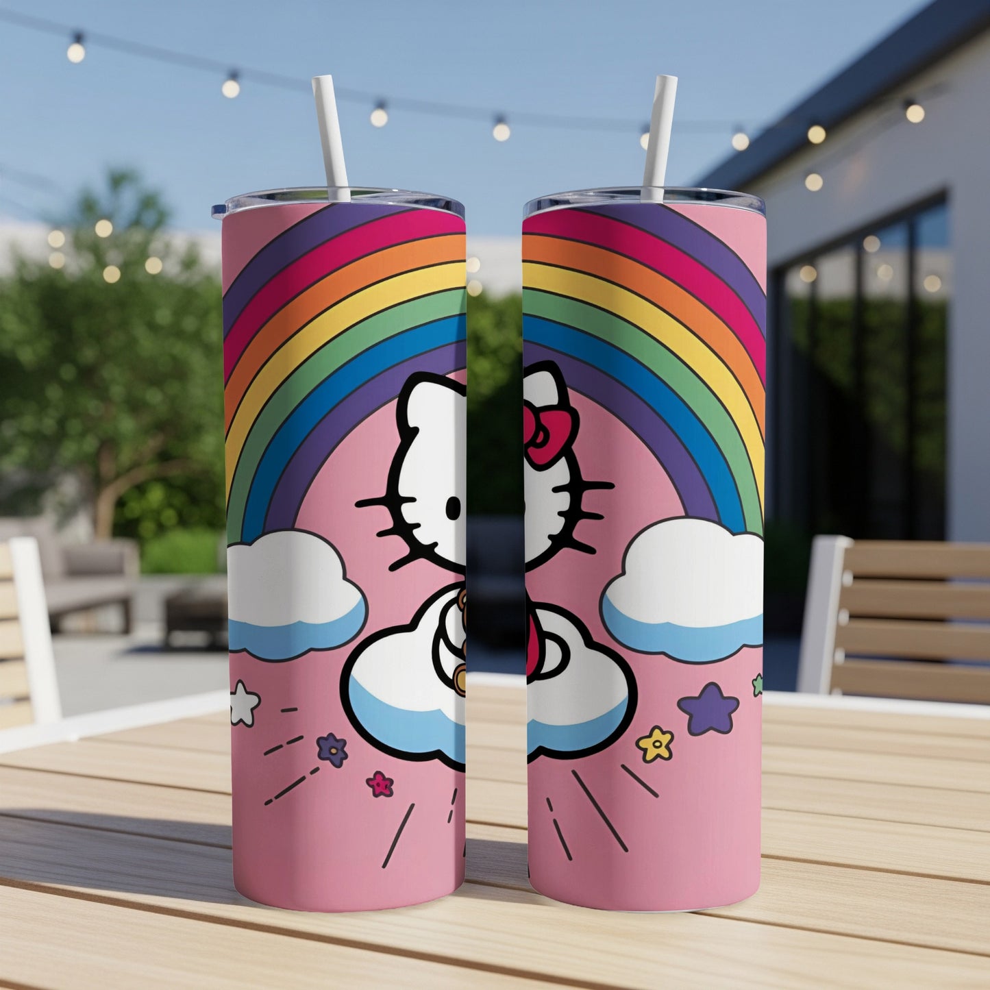 Hello Kitty on a pink tumbler with a rainbow and clouds.