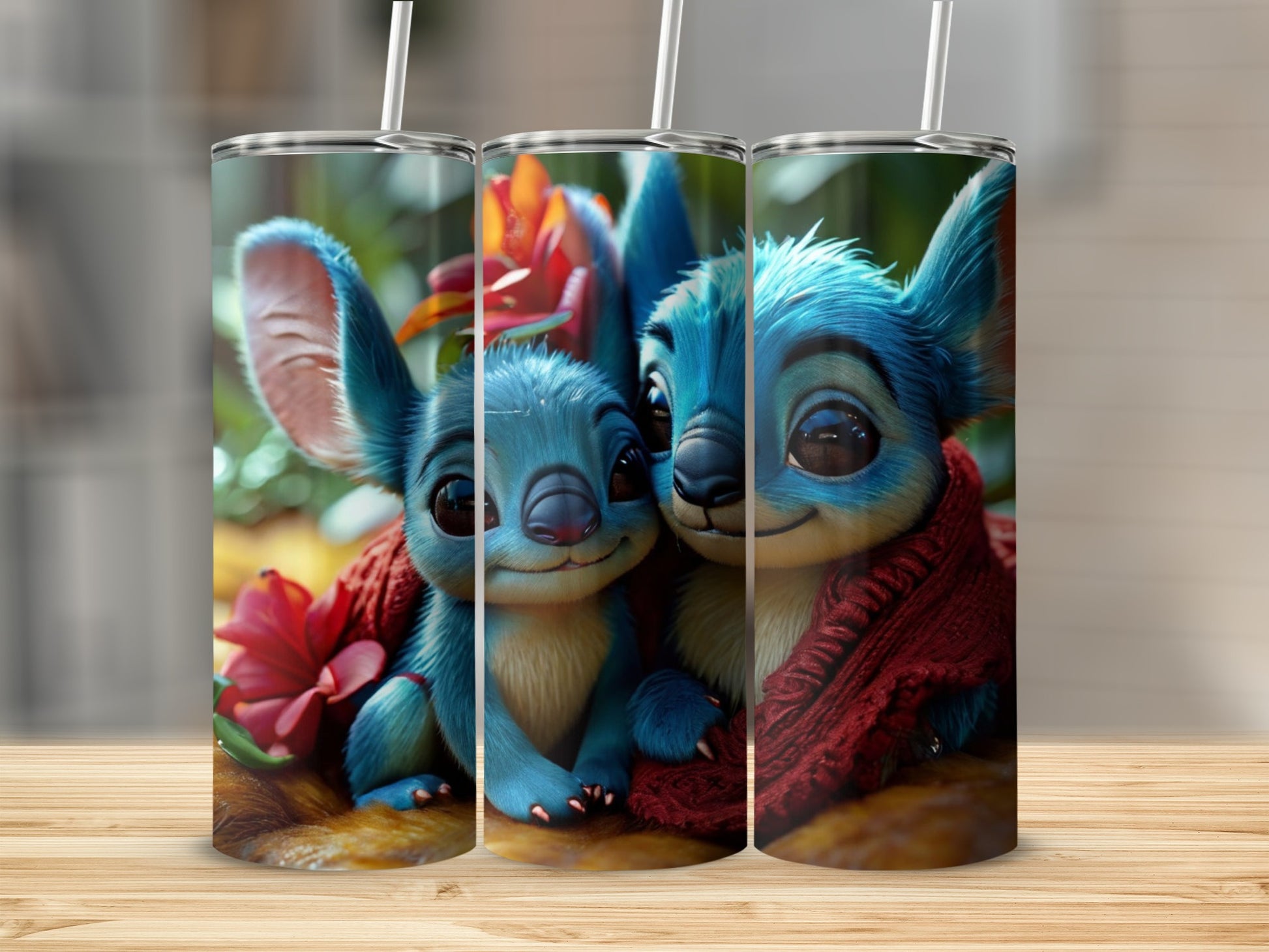 Two blue Stitch characters wearing scarves and holding a flower.