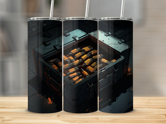Three tumblers featuring a stylized open crate filled with orange and yellow ammunition.