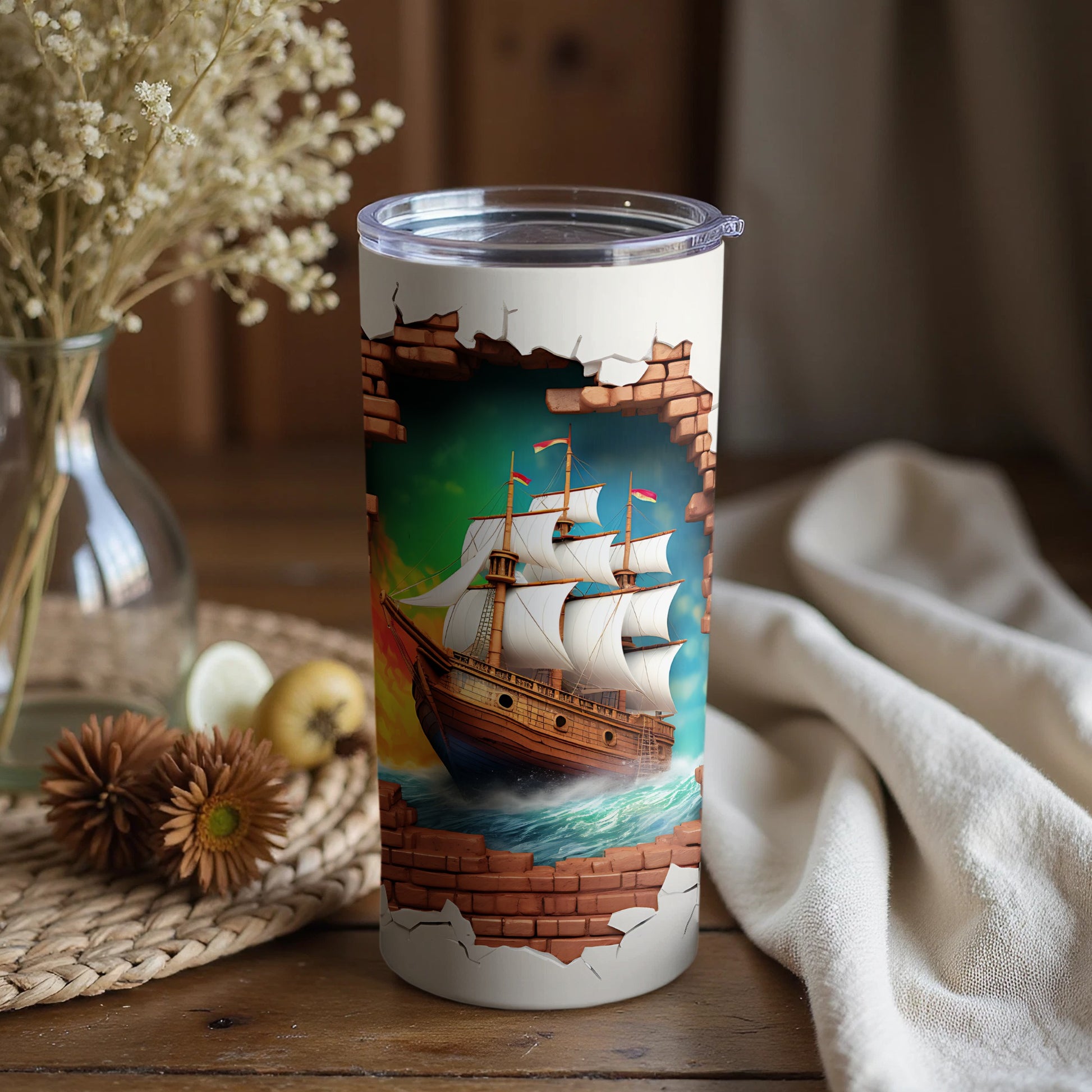 Vintage Sailing Ship Tumbler with Artistic Breakthrough Design