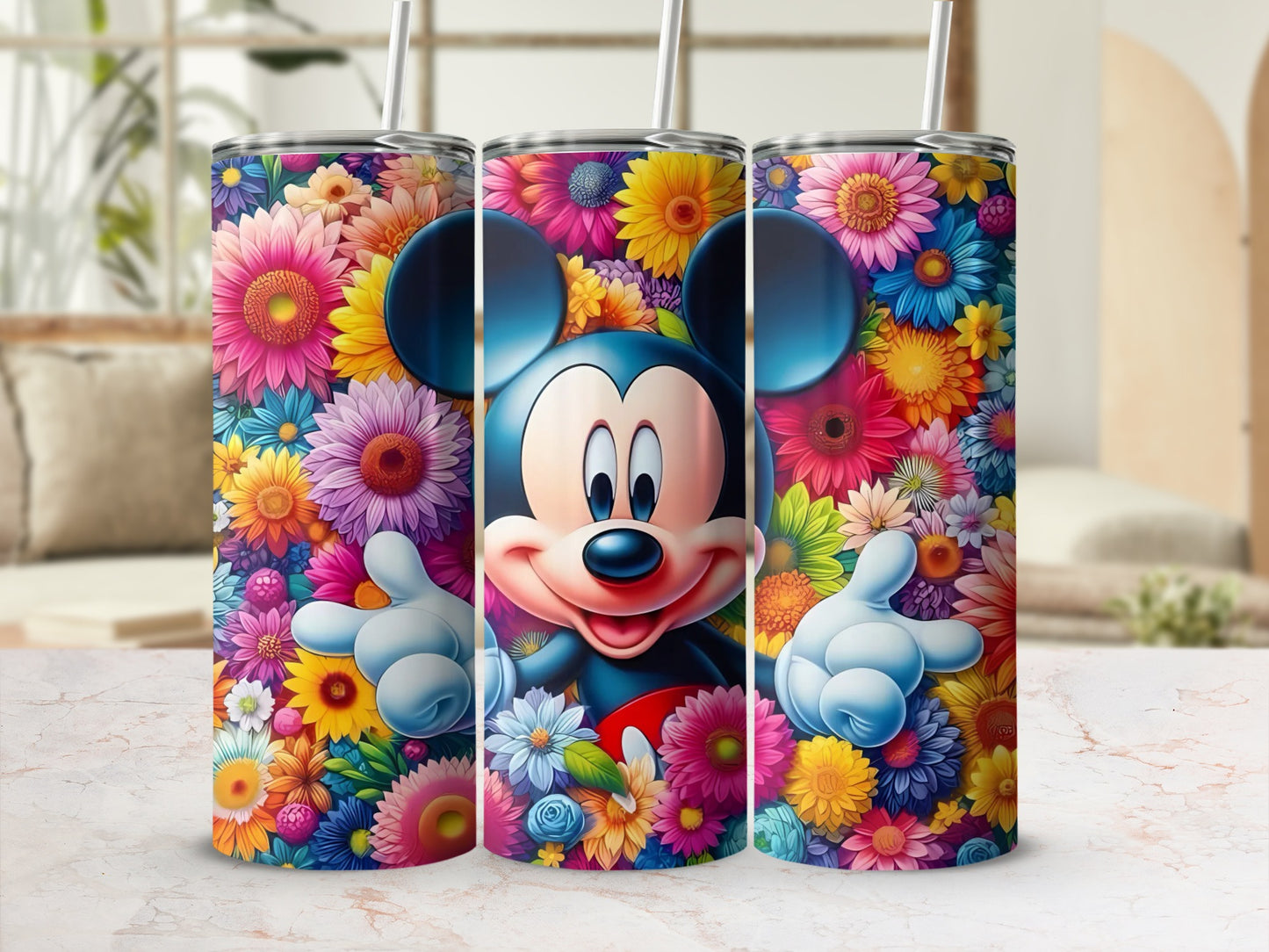 Vibrant Mickey Mouse Floral Design Insulated Tumbler