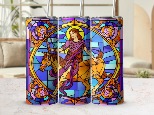 Stained glass tumbler with figure riding a horse, stained glass border.