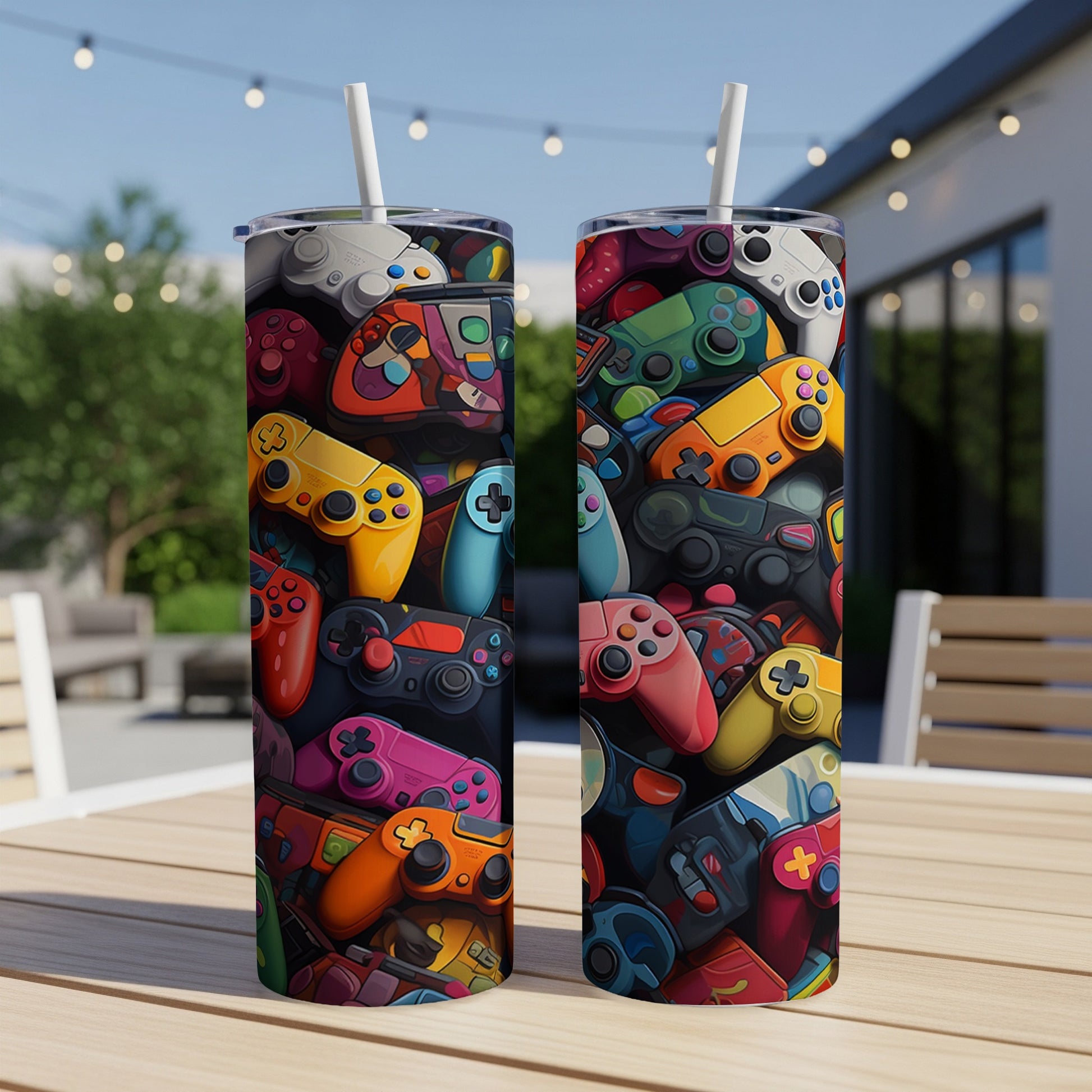 Two tall tumblers with a collage of colorful video game controllers.