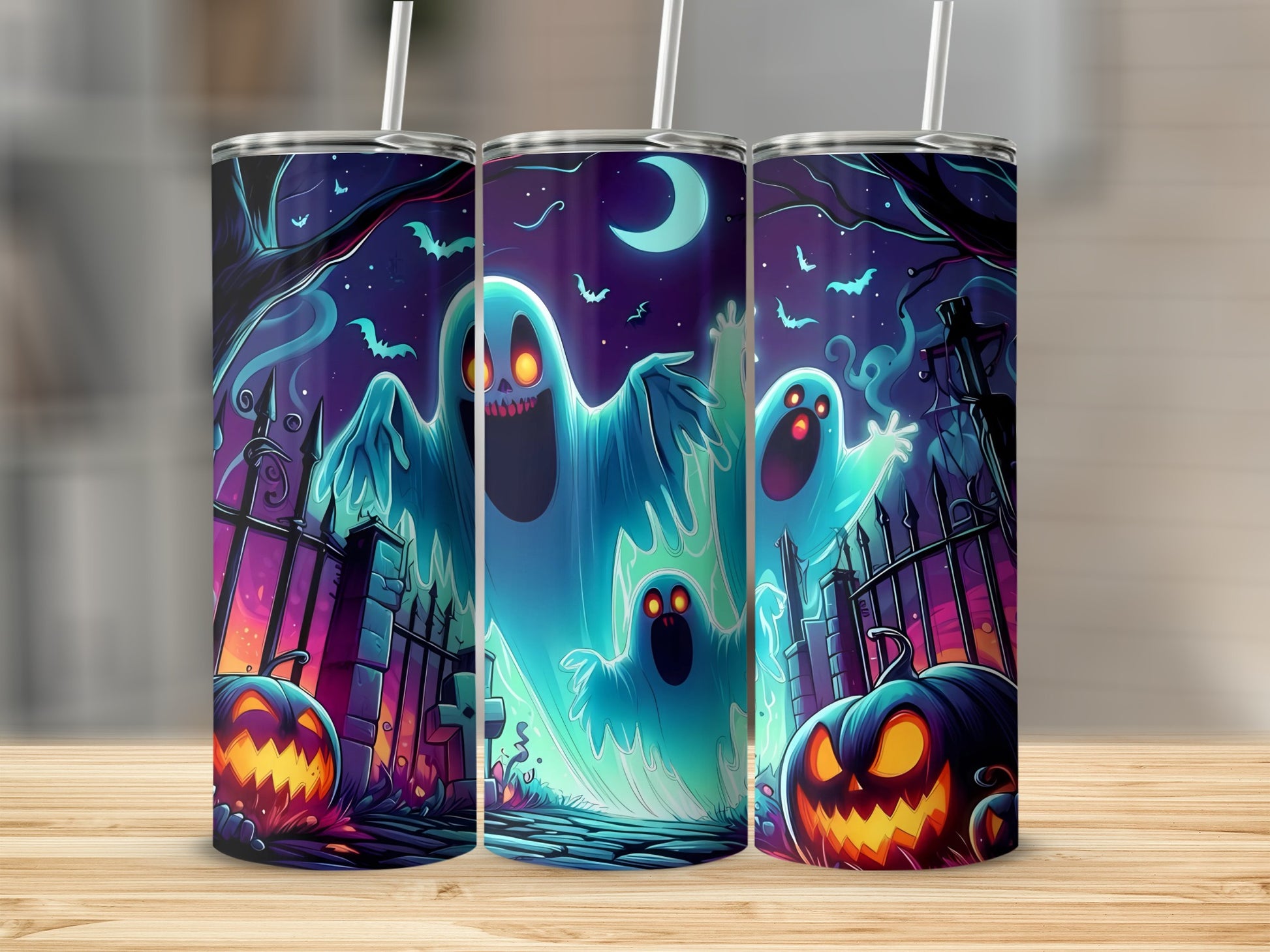 Three tumblers feature a spooky Halloween scene with ghosts, pumpkins, bats, and a graveyard.