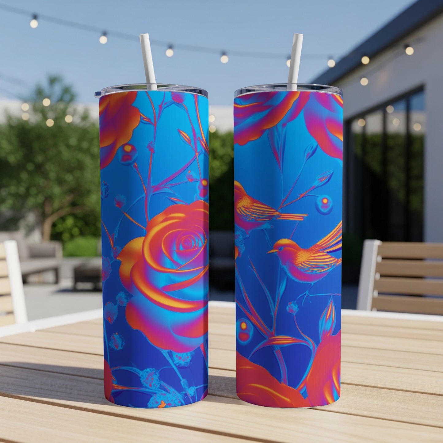 Two blue tumblers with neon floral and bird designs on a wooden table.