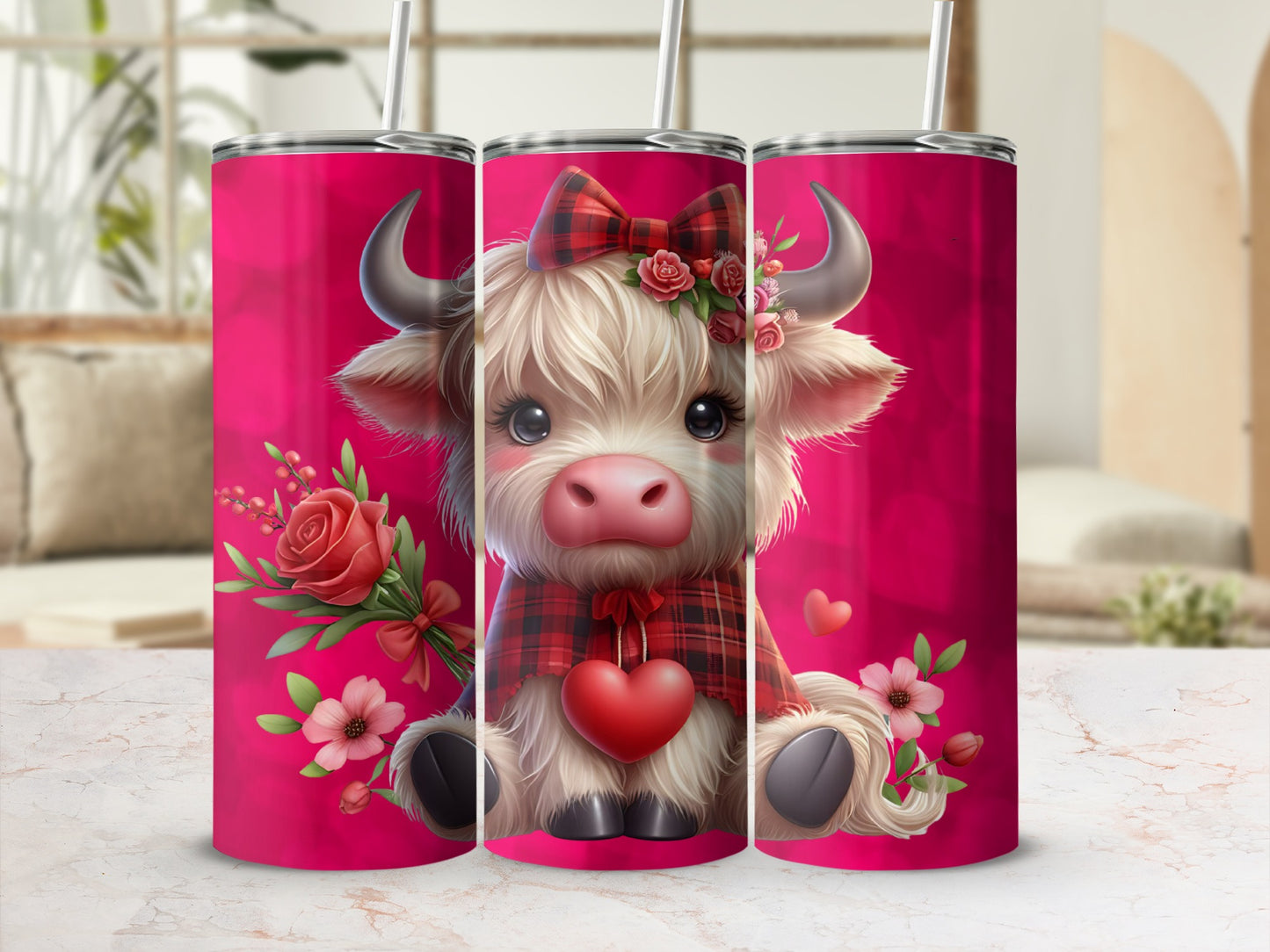 Cute Cow Design Pink Tumbler with Heart and Flowers