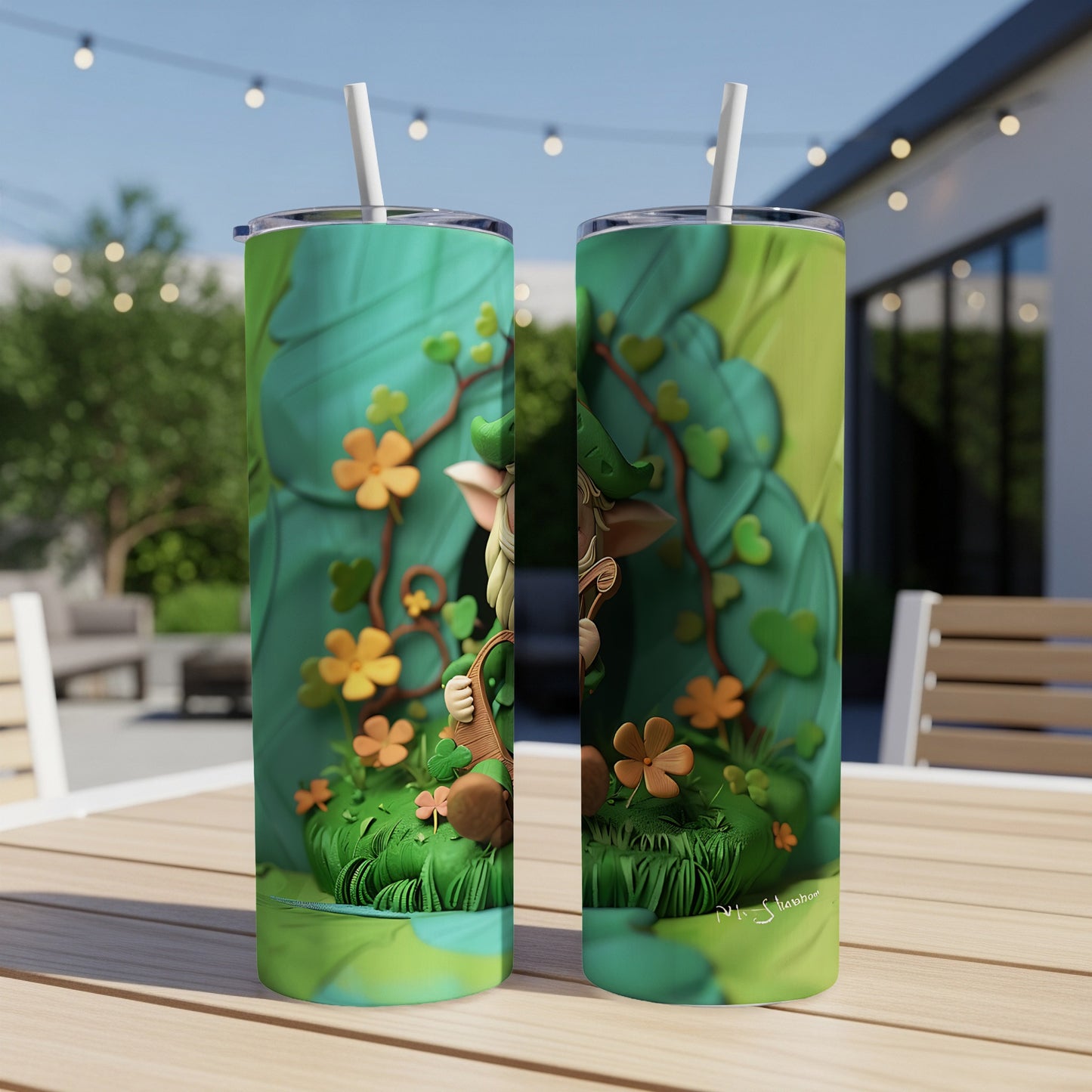 Leprechaun character on a St. Patrick's Day themed tumbler with shamrocks and flowers.