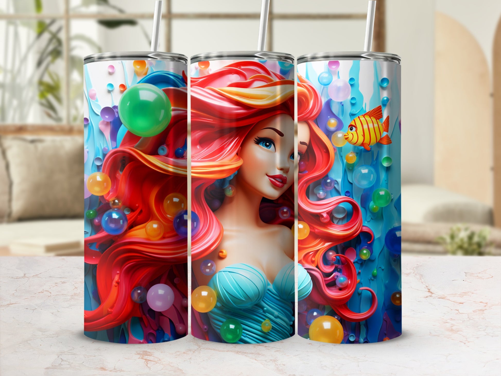 Colorful Mermaid and Fish Design Insulated Tumbler