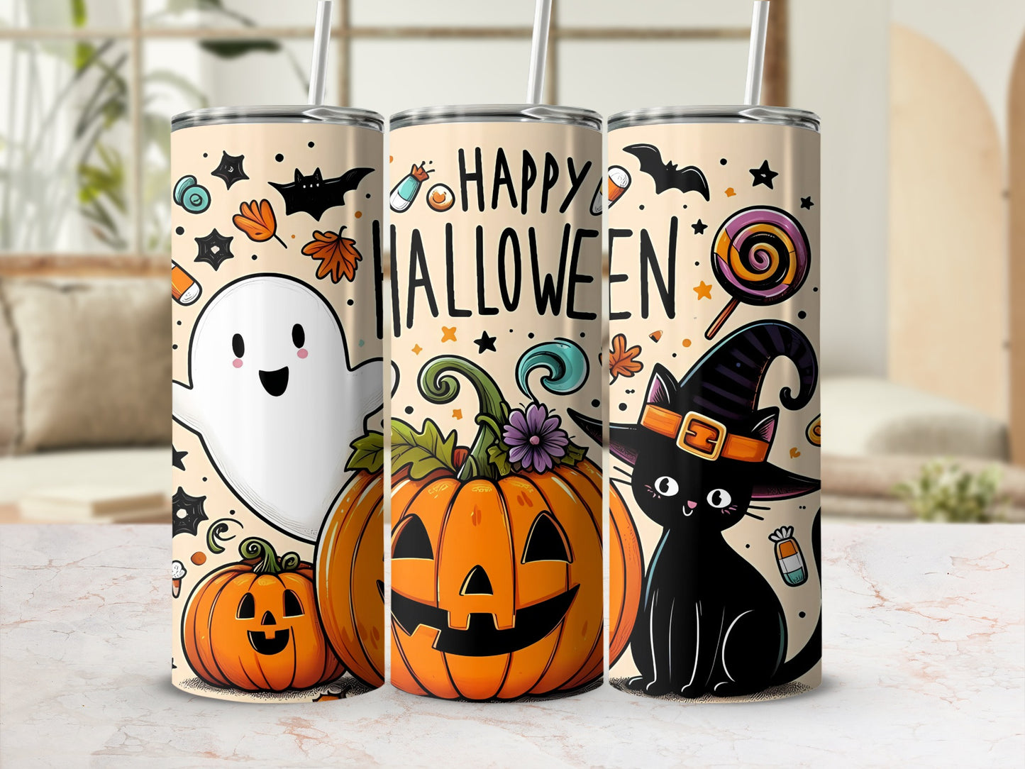 Halloween tumblers with ghost, pumpkins, black cat, and candy corn designs.