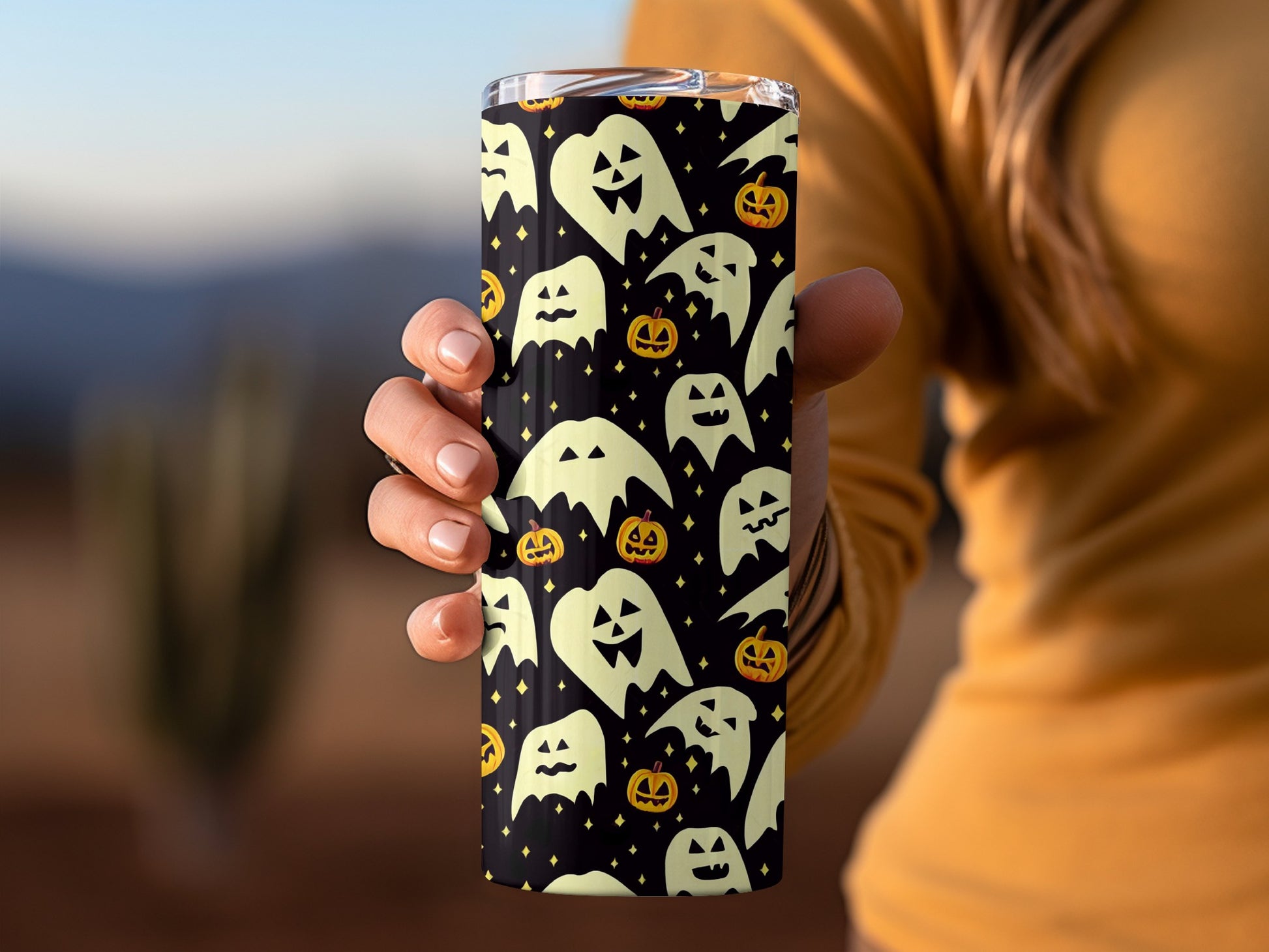 Halloween Ghosts and Pumpkins Design on Black Tumbler