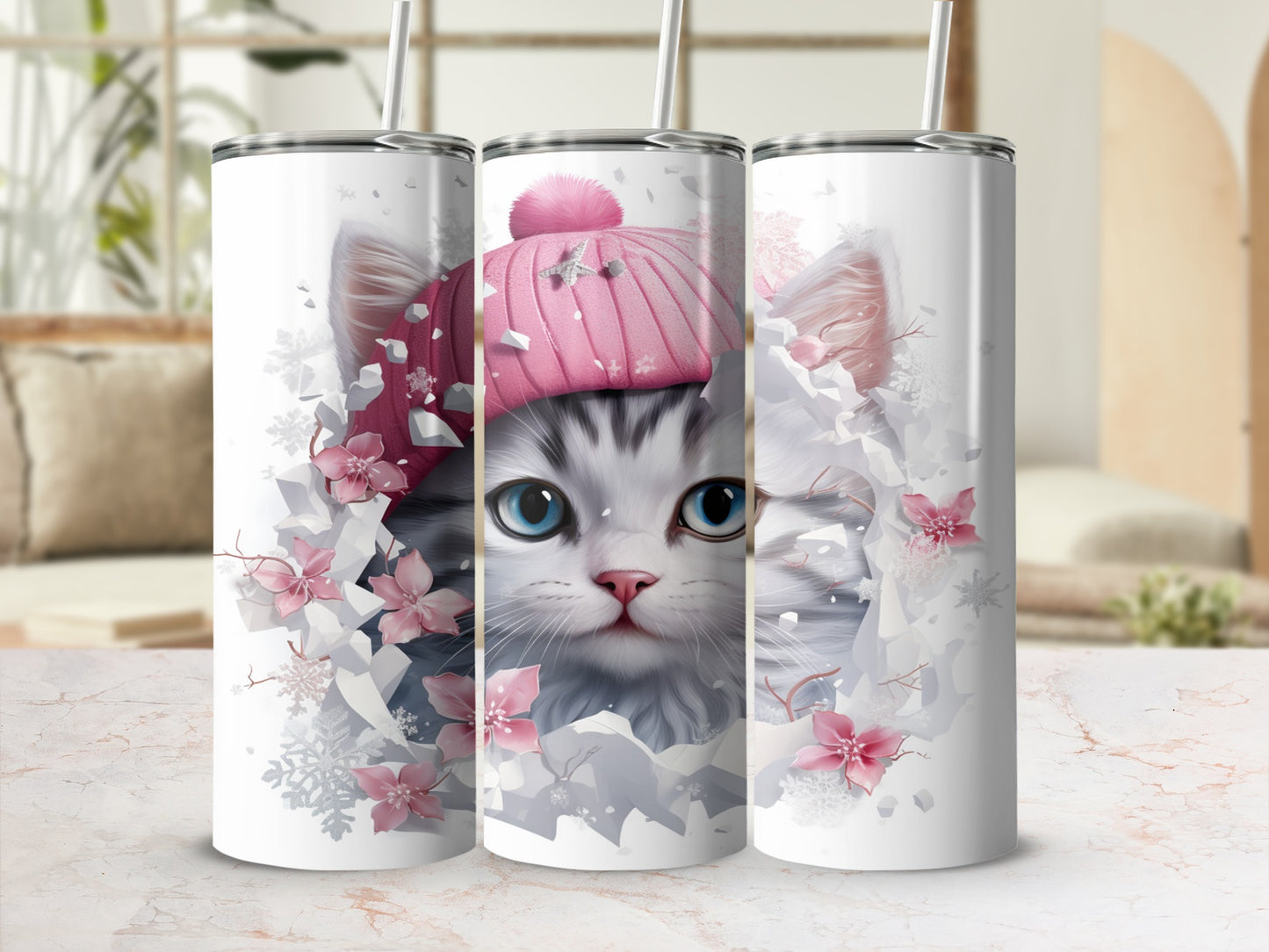 White tabby cat in pink winter hat and snowflakes.