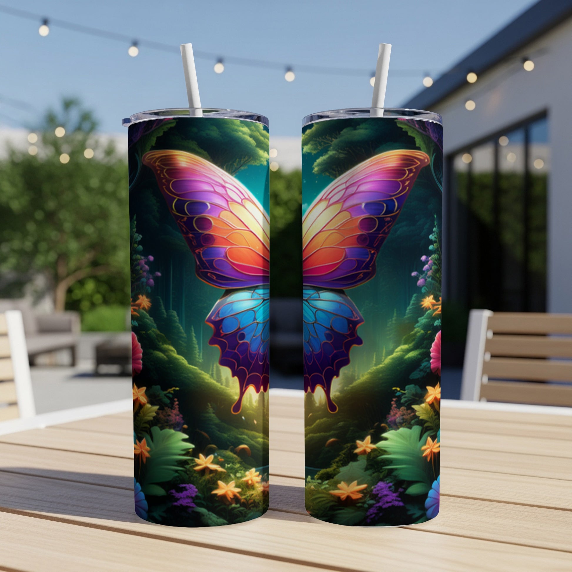 Two tumblers featuring a colorful butterfly design with a forest background.