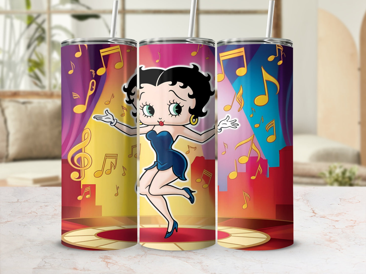 Betty Boop character dancing on a stage with musical notes.