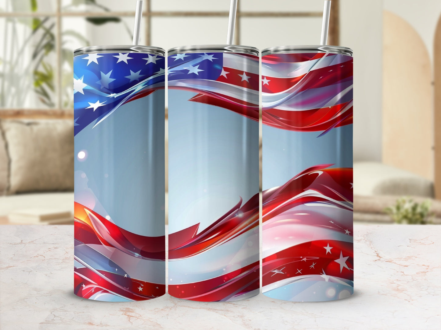 Three tumblers with American flag design and swirling red and blue elements.