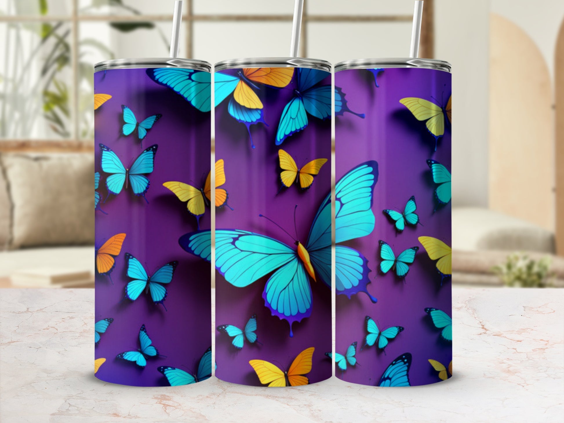 Purple tumbler with colorful butterflies and straw.