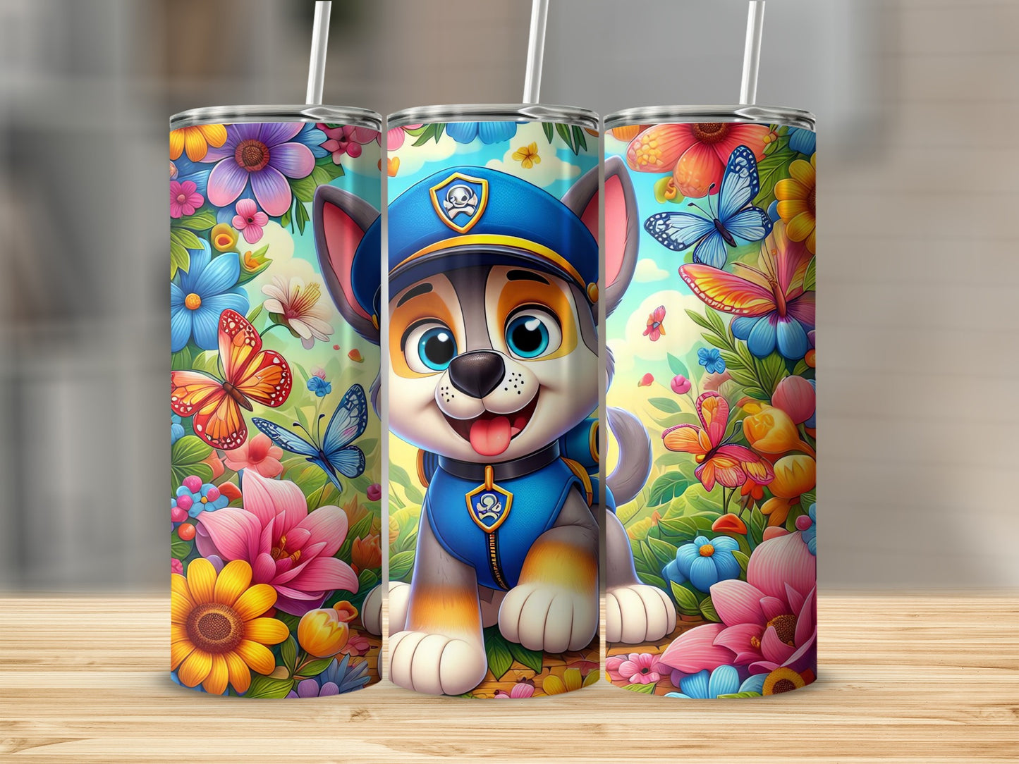 Colorful Cartoon Puppy and Floral Design Tumbler