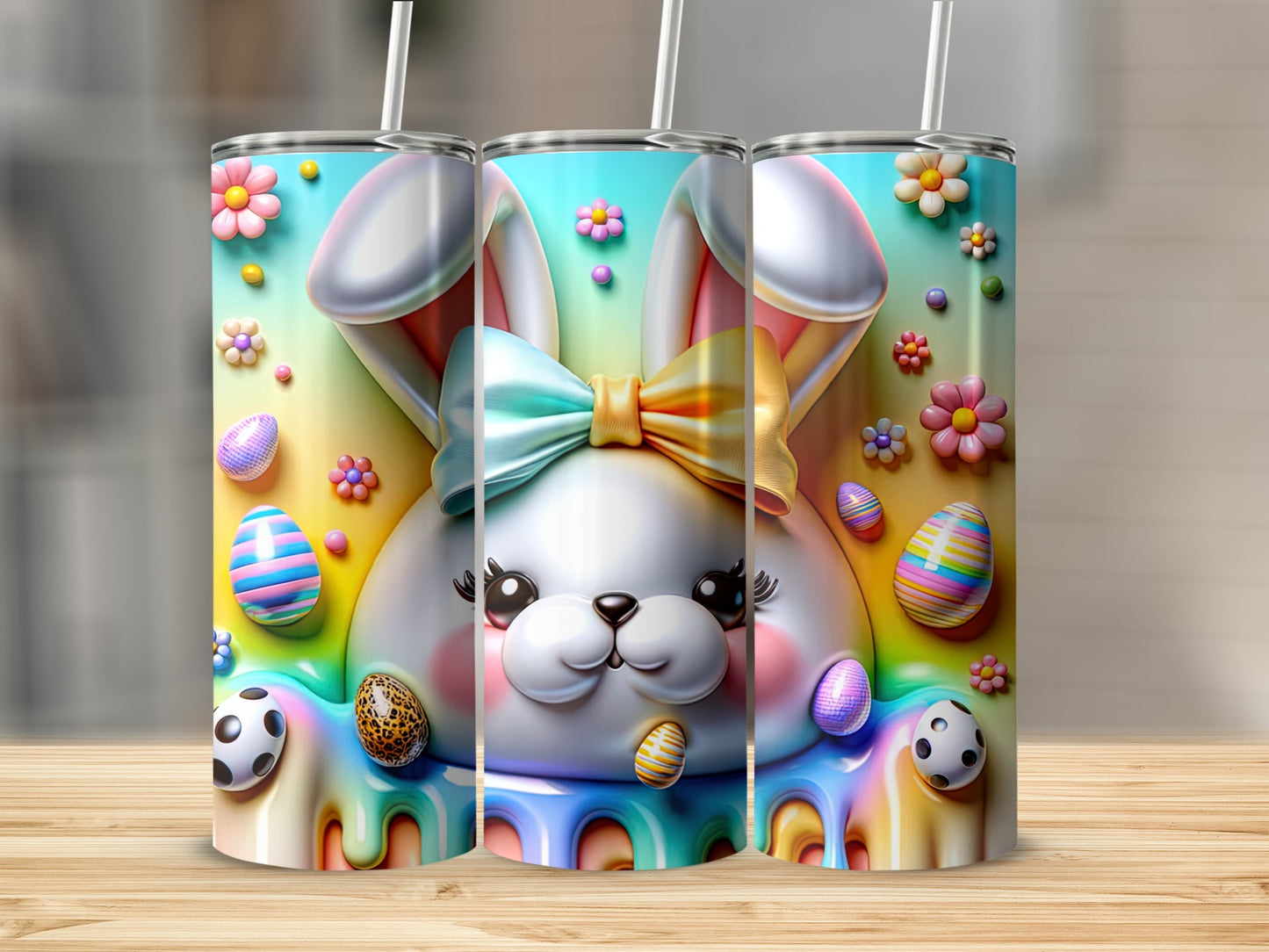 Easter bunny with colorful eggs and flowers on a tumbler.