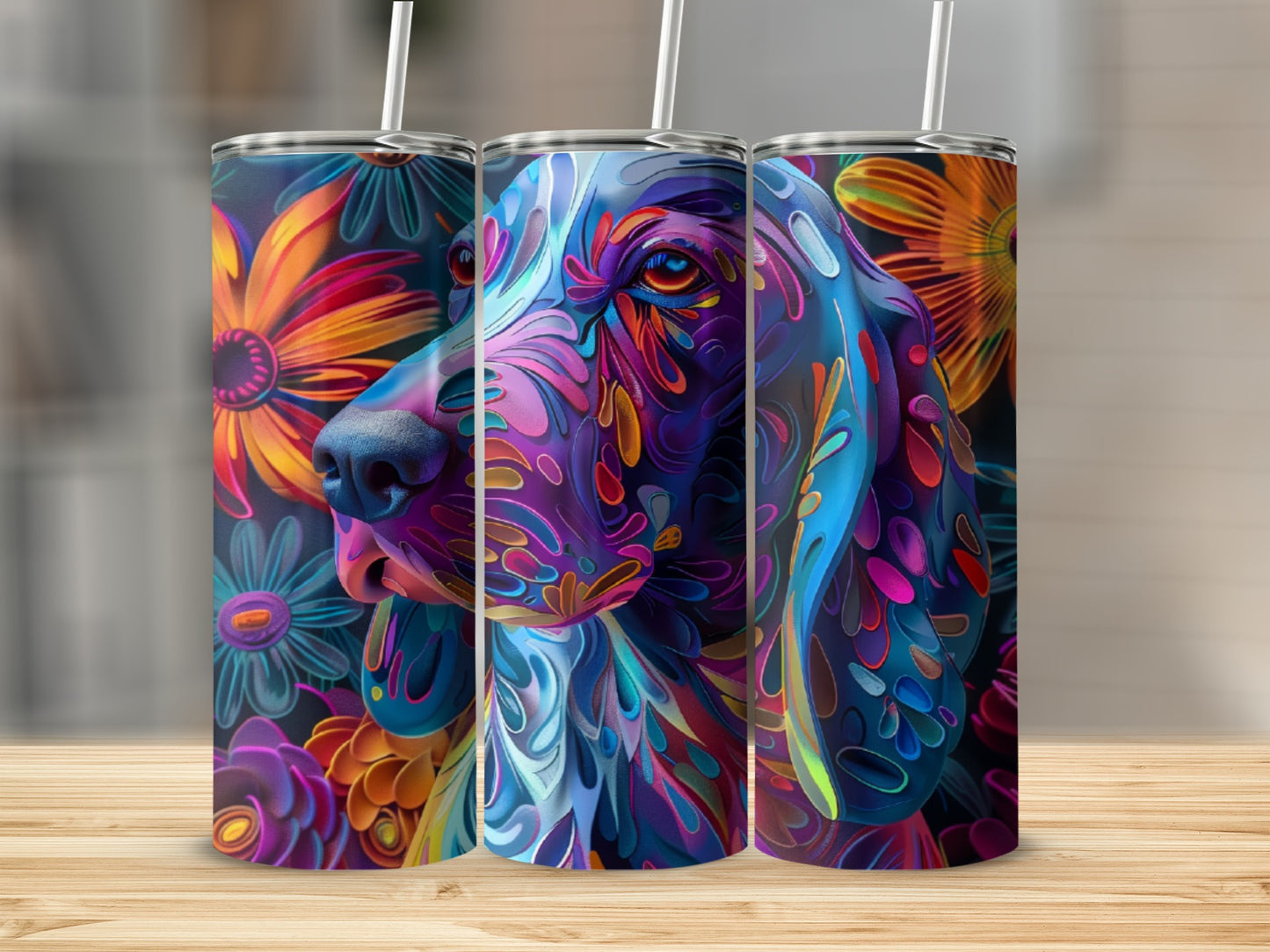Abstract-style dog portrait on three tumblers with floral background.