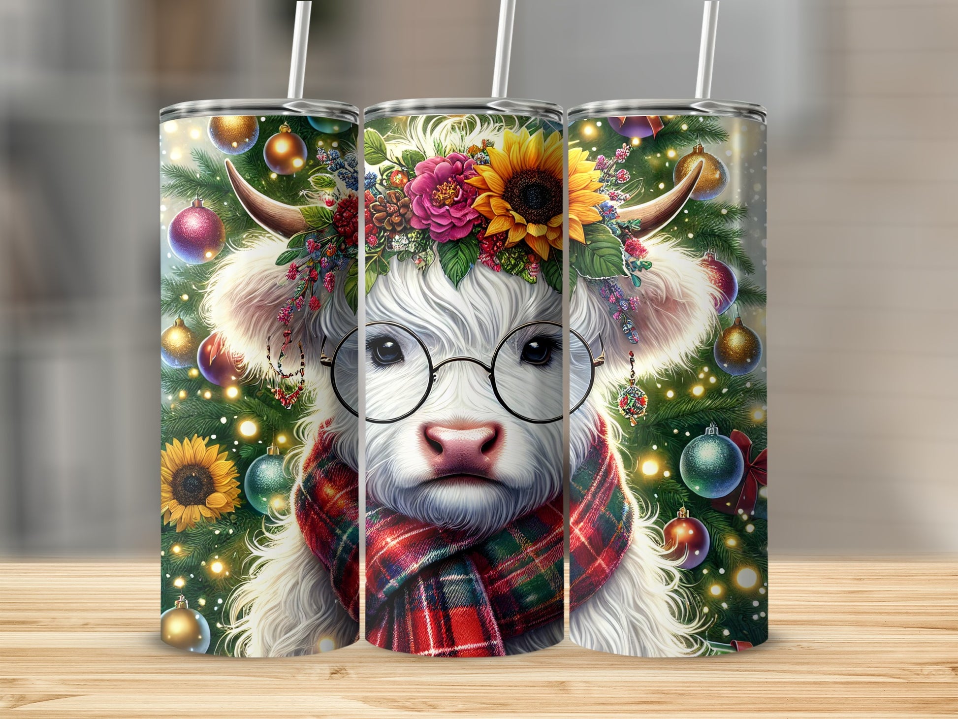 Christmas cow wearing glasses and scarf, with festive decorations.