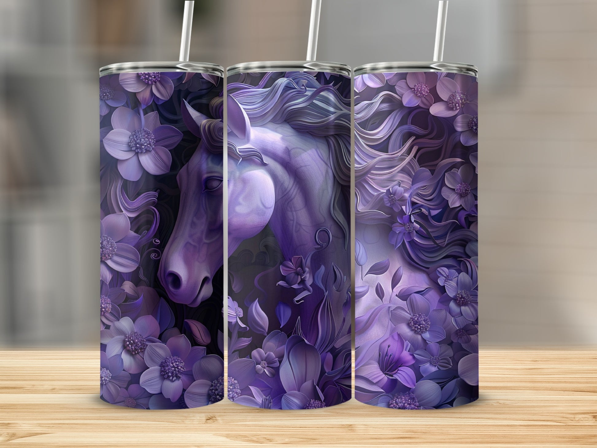 Purple horse surrounded by detailed purple flowers on a skinny tumbler.