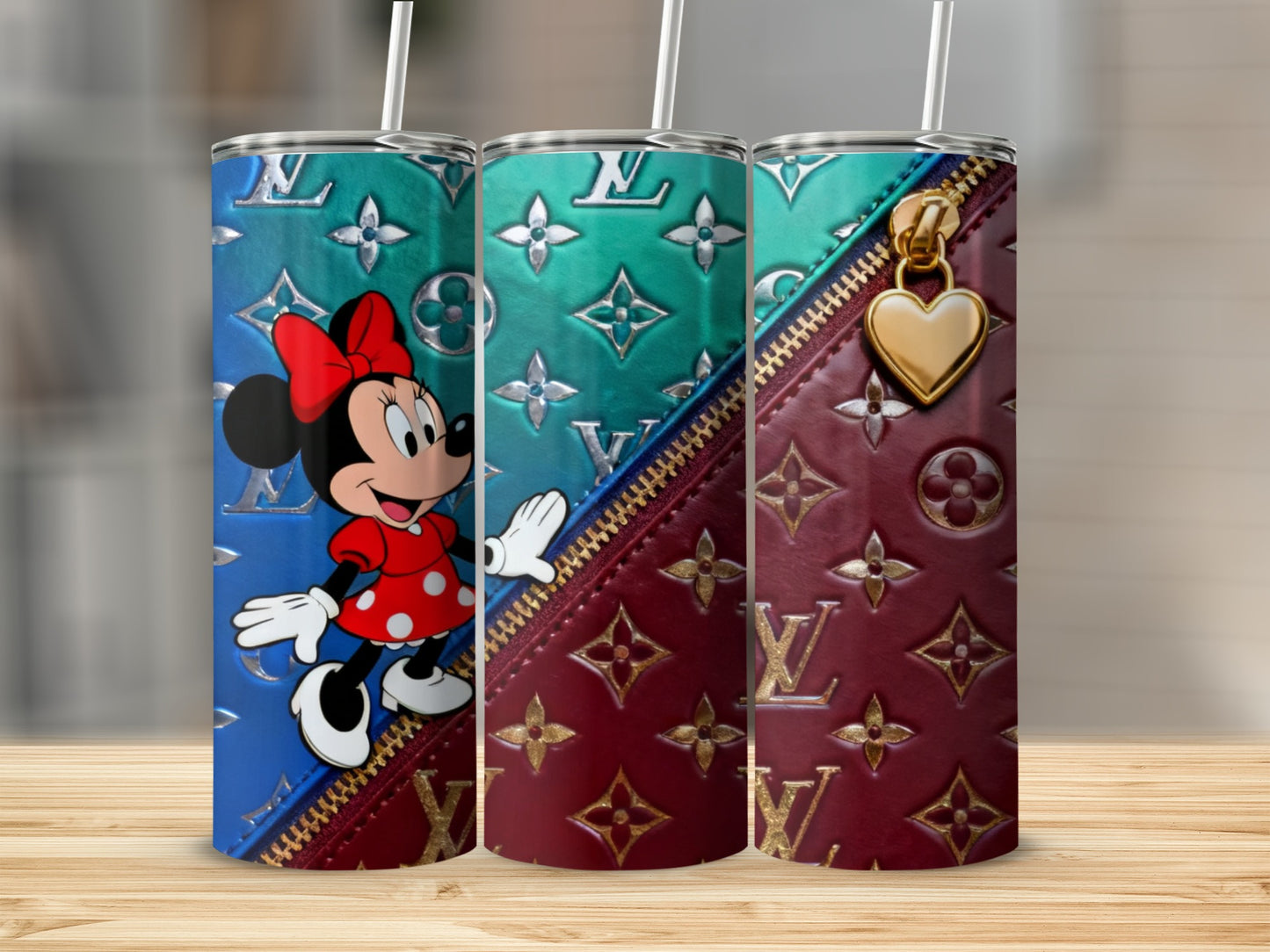 Minnie Mouse and LV monogram tumbler with gold zipper detail.