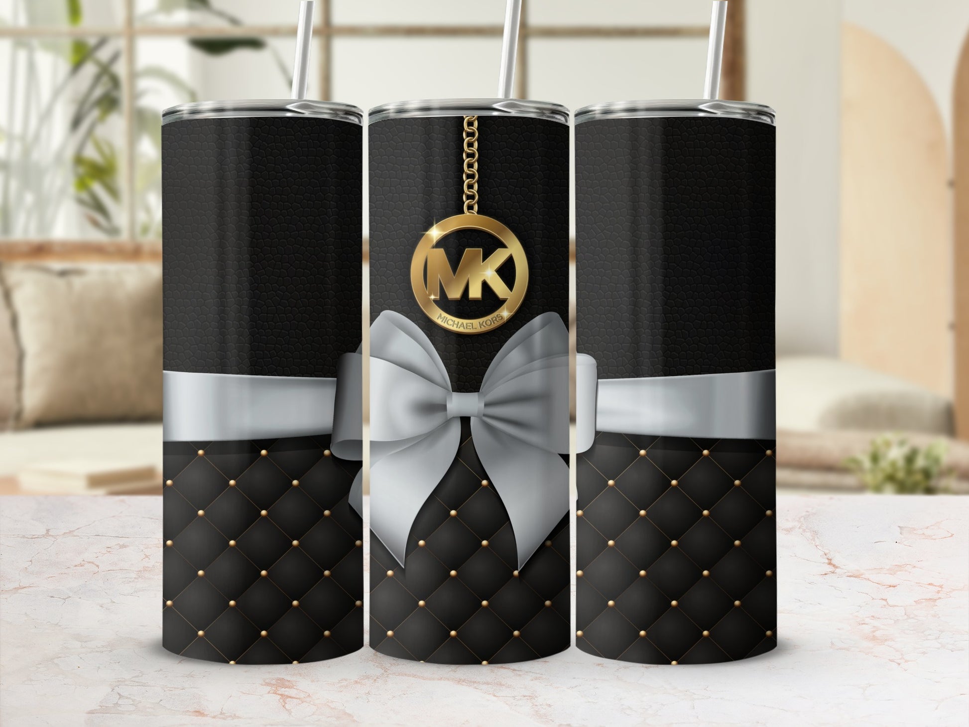 Elegant Black Tumbler with Bow and Gold Accent Design