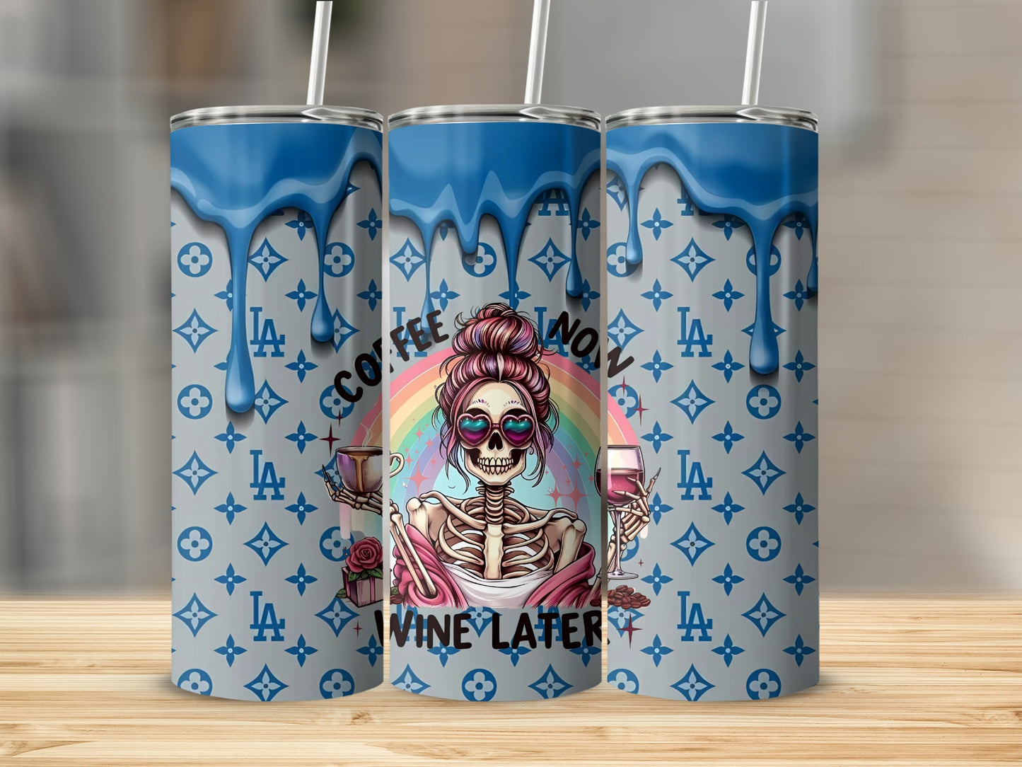 Coffee Now Wine Later Skeleton Design Tumbler Cup