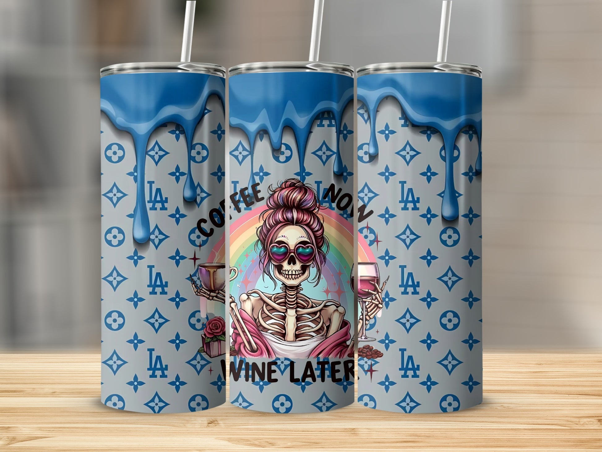 Coffee Now Wine Later Skeleton Design Tumbler Cup
