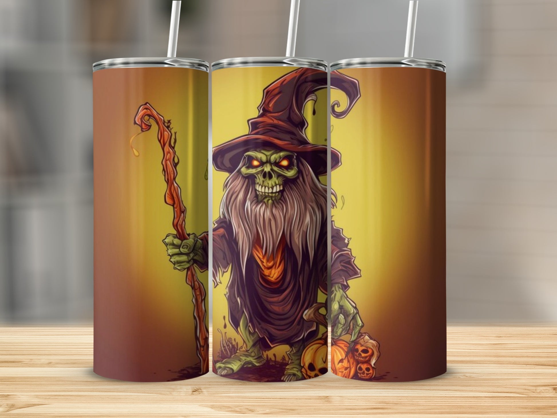 Three tumblers show a cartoon wizard with a staff and pumpkins, against a warm gradient background.